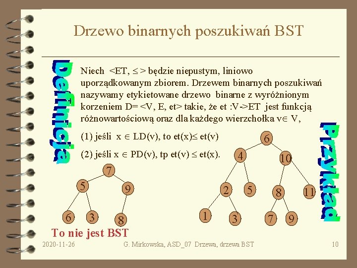 Drzewo binarnych poszukiwań BST Niech <ET, > będzie niepustym, liniowo uporządkowanym zbiorem. Drzewem binarnych