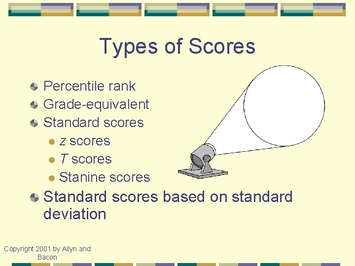 Types of Scores Percentile rank Grade-equivalent Standard scores l z scores l T scores