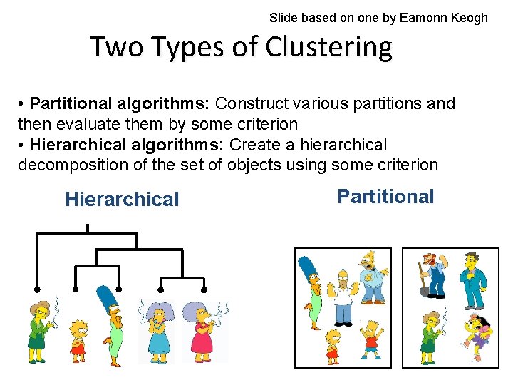 Slide based on one by Eamonn Keogh Two Types of Clustering • Partitional algorithms:
