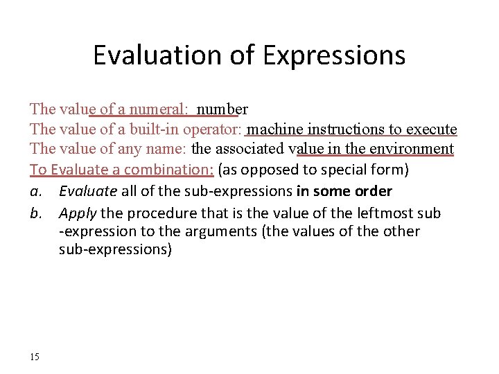 Evaluation of Expressions The value of a numeral: number The value of a built-in