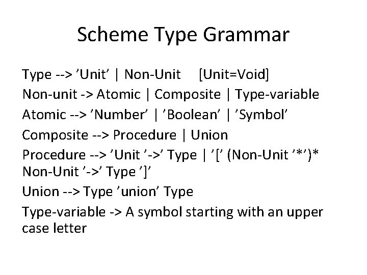 Scheme Type Grammar Type --> ’Unit’ | Non-Unit [Unit=Void] Non-unit -> Atomic | Composite