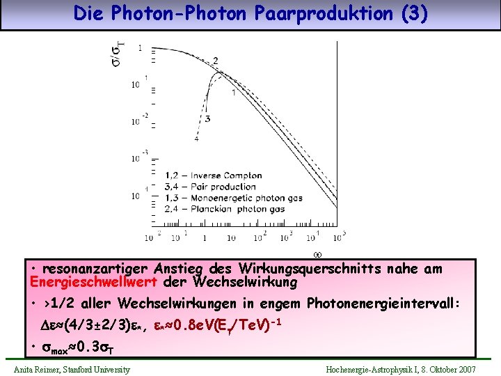 Die Photon-Photon Paarproduktion (3) w • resonanzartiger Anstieg des Wirkungsquerschnitts nahe am Energieschwellwert der