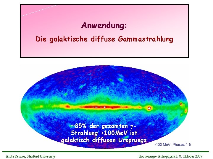 Anwendung: Die galaktische diffuse Gammastrahlung ~85% der gesamten Strahlung >100 Me. V ist galaktisch