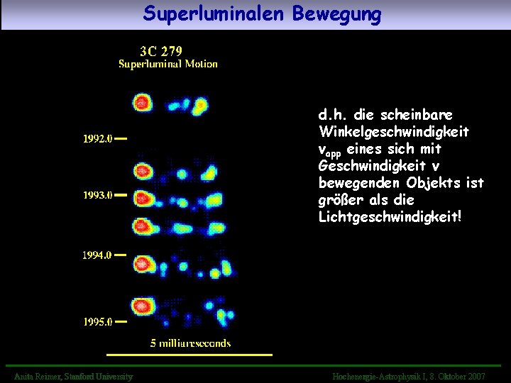 Superluminalen Bewegung d. h. die scheinbare Winkelgeschwindigkeit vapp eines sich mit Geschwindigkeit v bewegenden