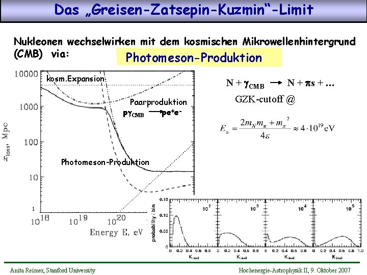 Das „Greisen-Zatsepin-Kuzmin“-Limit Nukleonen wechselwirken mit dem kosmischen Mikrowellenhintergrund (CMB) via: Photomeson-Produktion kosm. Expansion N