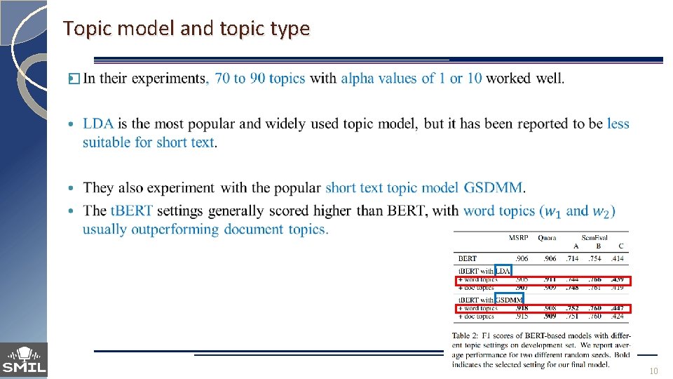 Topic model and topic type � 10 