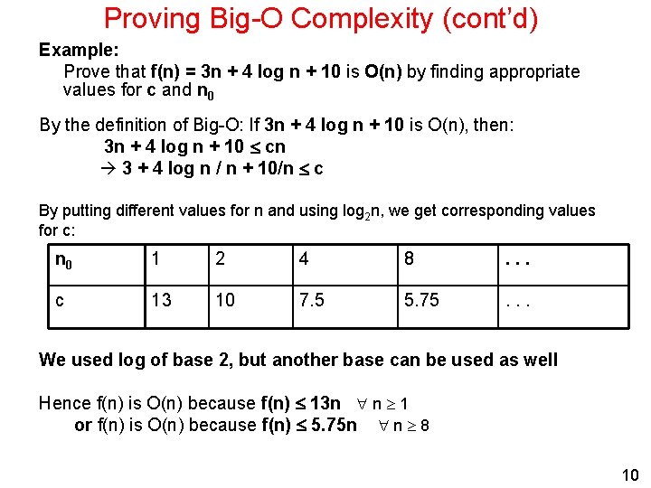 Proving Big-O Complexity (cont’d) Example: Prove that f(n) = 3 n + 4 log