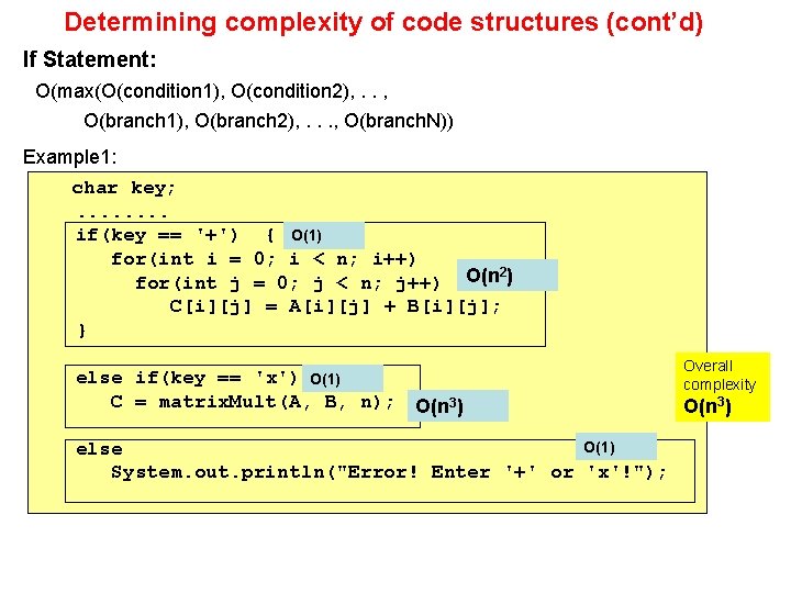 Determining complexity of code structures (cont’d) If Statement: O(max(O(condition 1), O(condition 2), . .