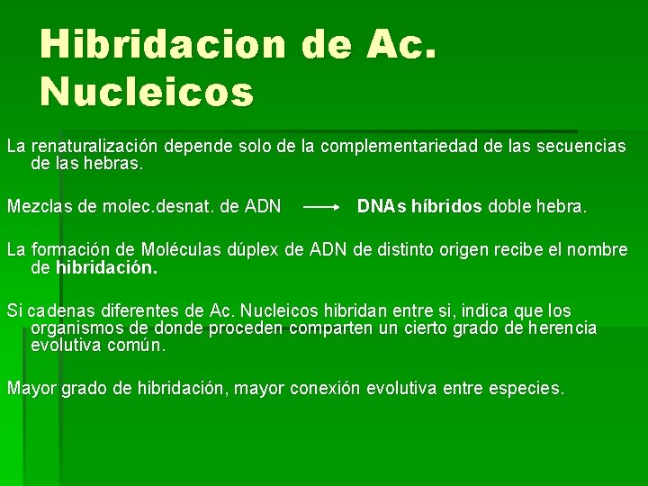 Hibridacion de Ac. Nucleicos La renaturalización depende solo de la complementariedad de las secuencias