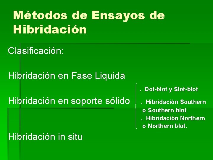 Métodos de Ensayos de Hibridación Clasificación: Hibridación en Fase Liquida. Dot-blot y Slot-blot Hibridación