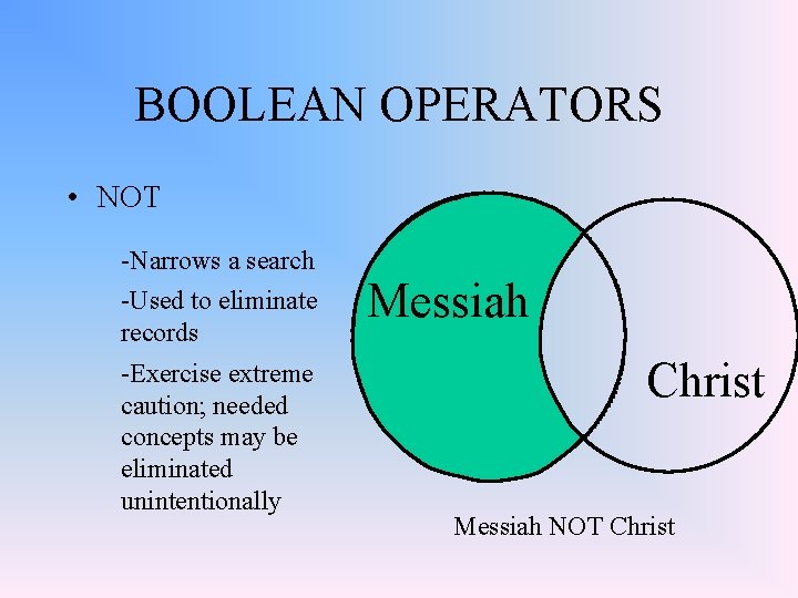 BOOLEAN OPERATORS • NOT -Narrows a search -Used to eliminate records -Exercise extreme caution;