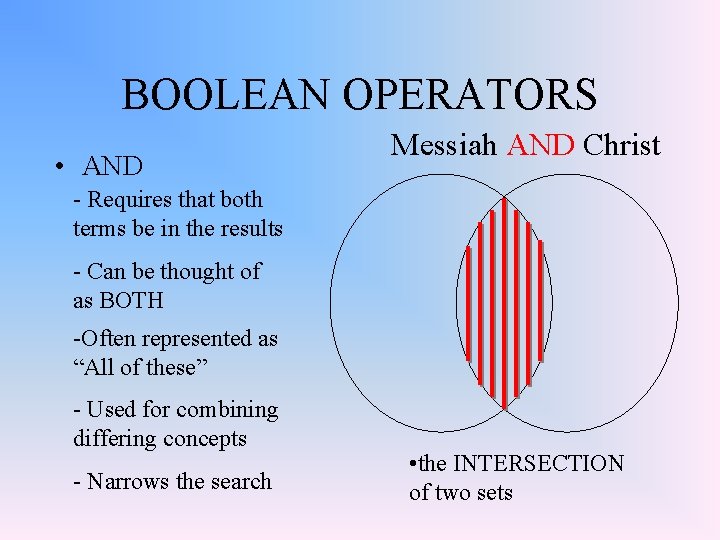 BOOLEAN OPERATORS • AND Messiah AND Christ - Requires that both terms be in