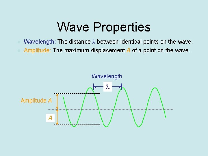 Wave Properties l l Wavelength: The distance between identical points on the wave. Amplitude:
