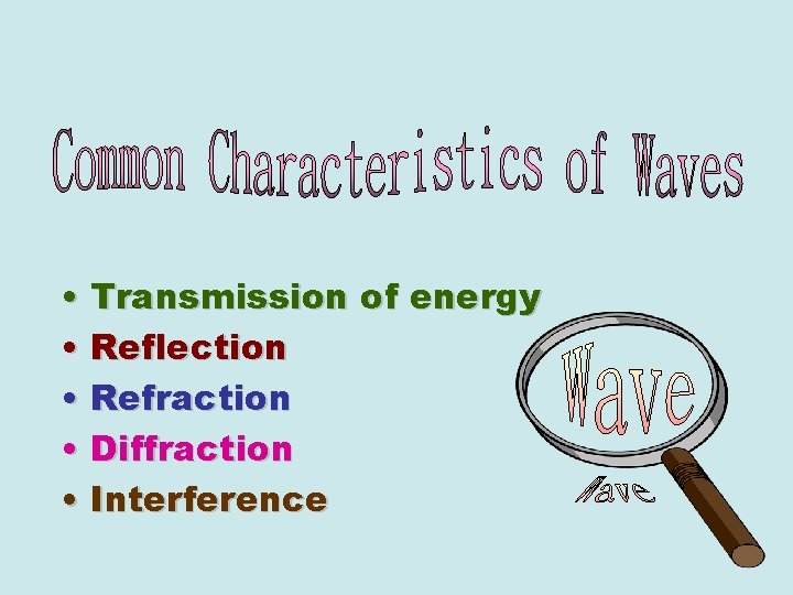  • Transmission of energy • Reflection • Refraction • Diffraction • Interference 