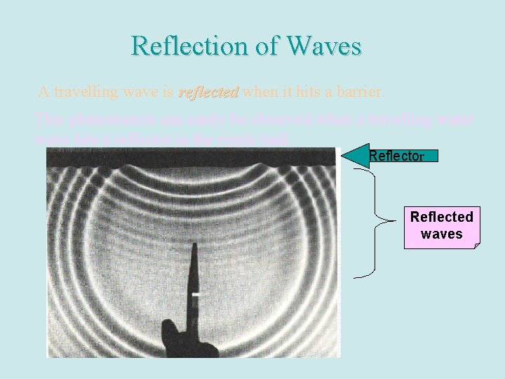 Reflection of Waves A travelling wave is reflected when it hits a barrier. This