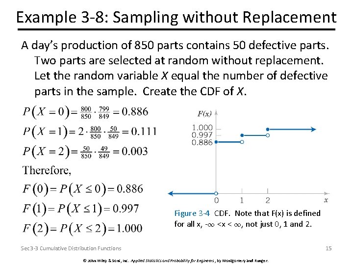Example 3 -8: Sampling without Replacement A day’s production of 850 parts contains 50