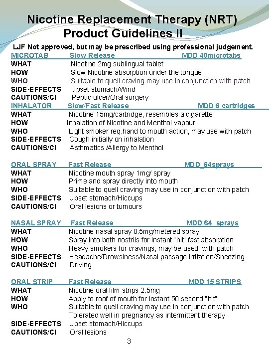  Nicotine Replacement Therapy (NRT) Product Guidelines ll LJF Not approved, but may be
