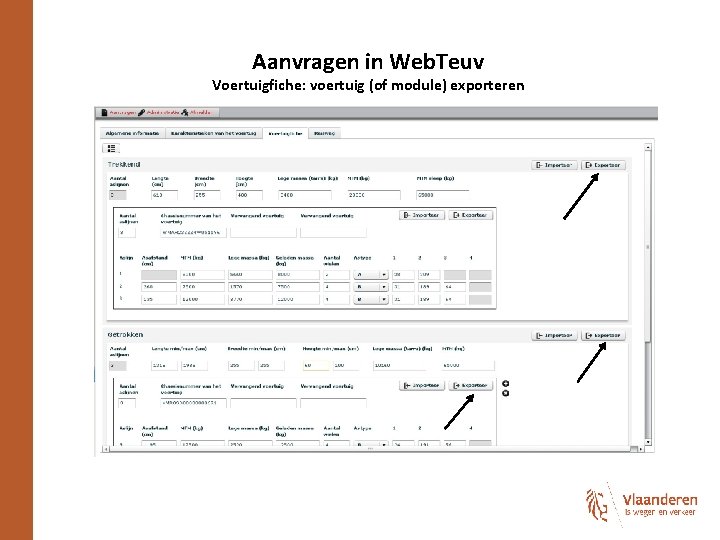 Aanvragen in Web. Teuv Voertuigfiche: voertuig (of module) exporteren 