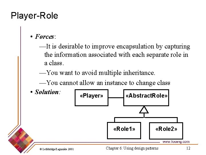 Player-Role • Forces: —It is desirable to improve encapsulation by capturing the information associated