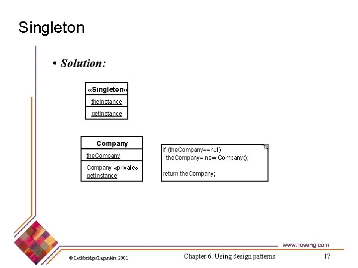 Singleton • Solution: «Singleton» the. Instance get. Instance Company the. Company if (the. Company==null)