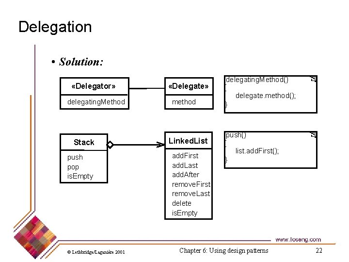 Delegation • Solution: «Delegator» delegating. Method Stack push pop is. Empty © Lethbridge/Laganière 2001