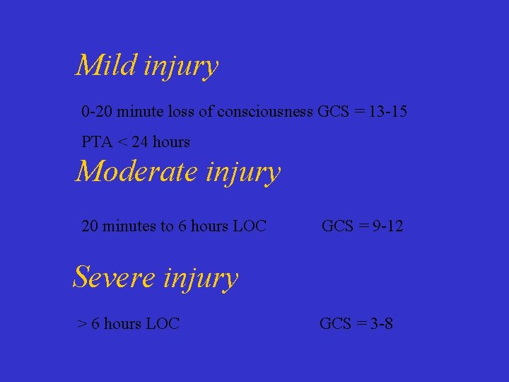 Mild injury 0 -20 minute loss of consciousness GCS = 13 -15 PTA <