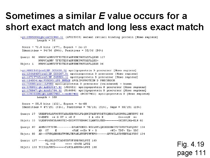 Sometimes a similar E value occurs for a short exact match and long less