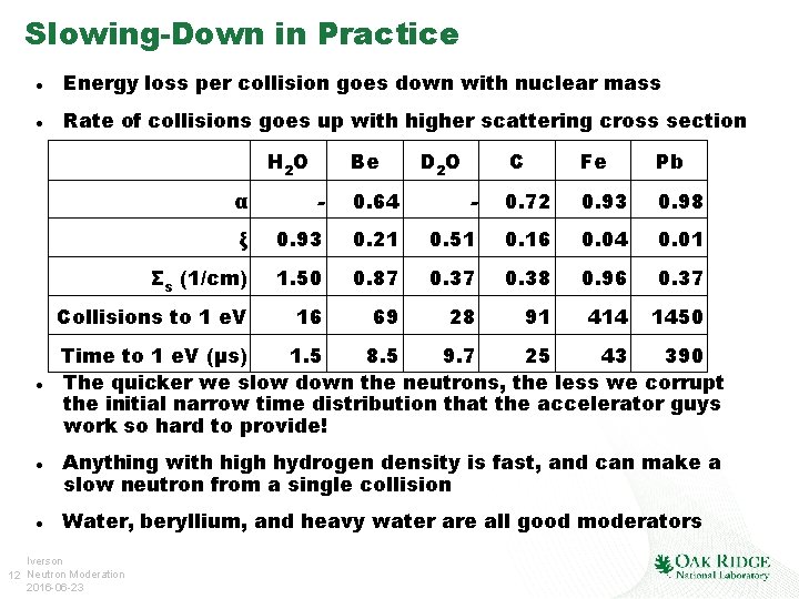 Slowing-Down in Practice Energy loss per collision goes down with nuclear mass Rate of