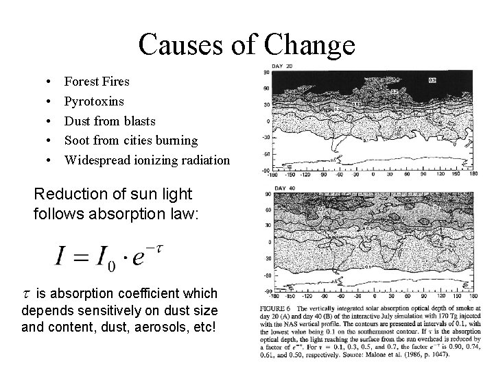 Causes of Change • • • Forest Fires Pyrotoxins Dust from blasts Soot from