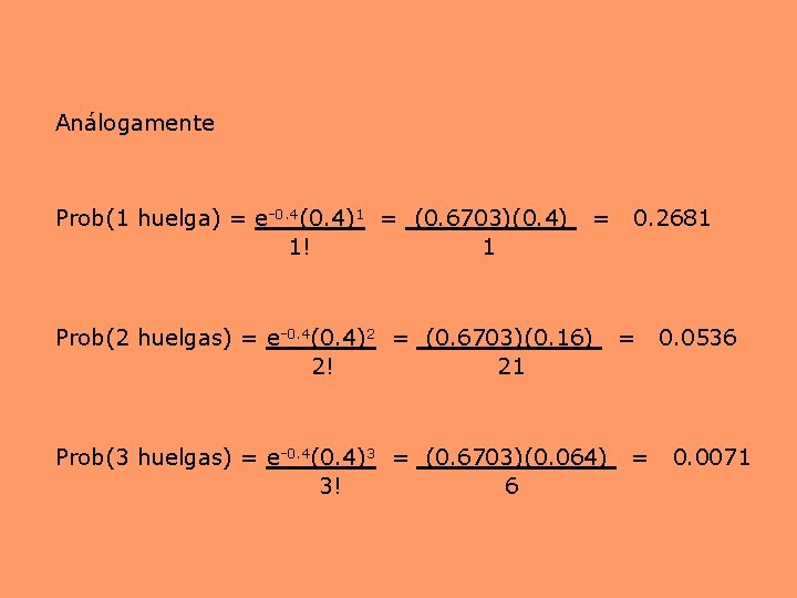 Análogamente Prob(1 huelga) = e-0. 4(0. 4)1 = (0. 6703)(0. 4) = 0. 2681 Análogamente Prob(1 huelga) = e-0. 4(0. 4)1 = (0. 6703)(0. 4) = 0. 2681