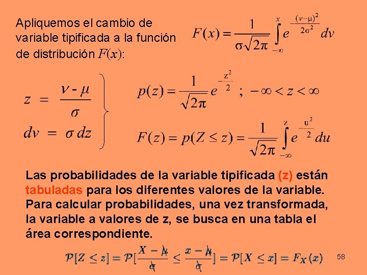 Apliquemos el cambio de variable tipificada a la función de distribución F(x): Las probabilidades Apliquemos el cambio de variable tipificada a la función de distribución F(x): Las probabilidades