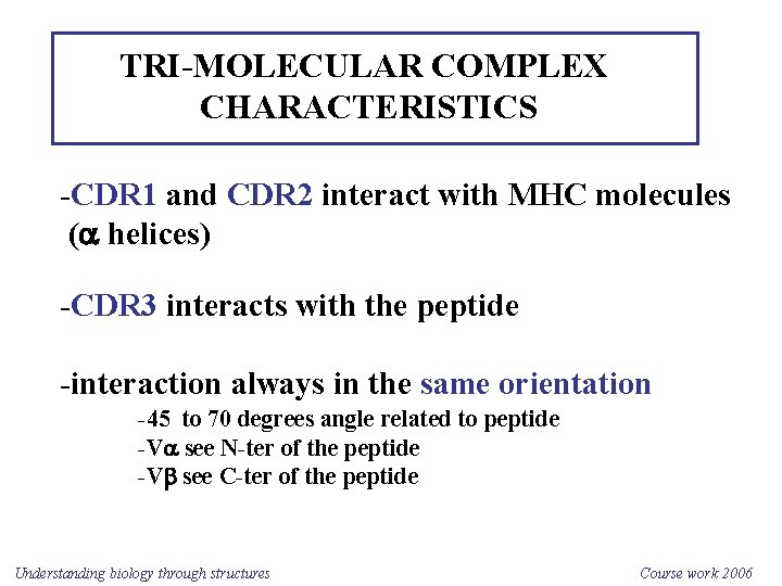 TRI-MOLECULAR COMPLEX CHARACTERISTICS -CDR 1 and CDR 2 interact with MHC molecules (a helices)
