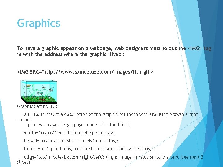 Graphics To have a graphic appear on a webpage, web designers must to put