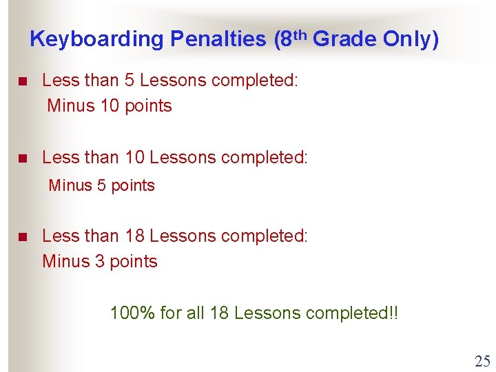 Keyboarding Penalties (8 th Grade Only) n Less than 5 Lessons completed: Minus 10