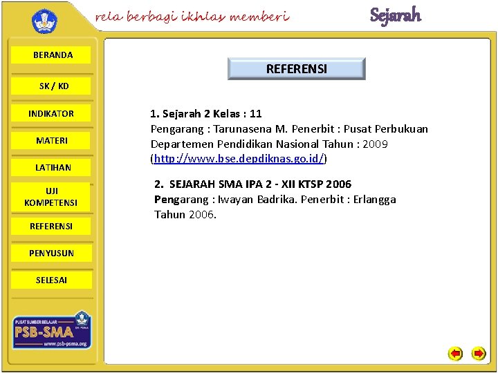 rela berbagi ikhlas memberi BERANDA Sejarah REFERENSI SK / KD INDIKATOR MATERI LATIHAN UJI