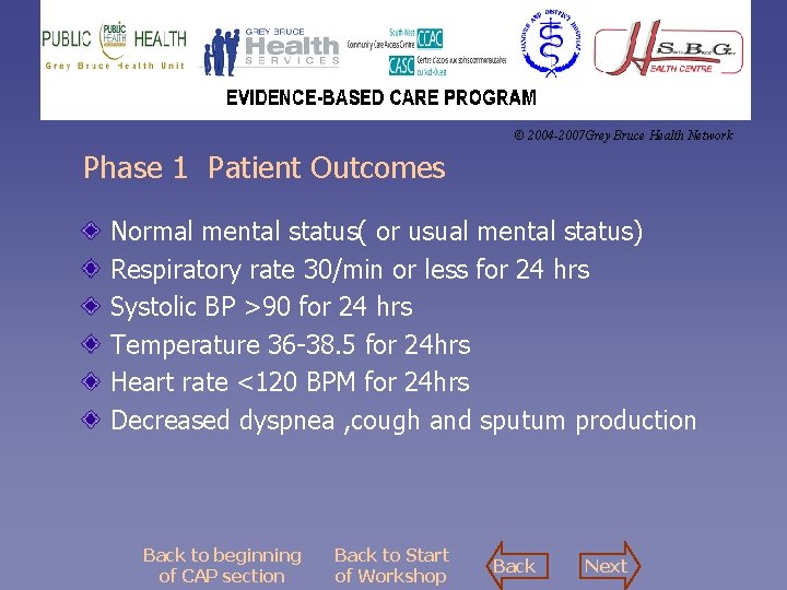 © 2004 -2007 Grey Bruce Health Network Phase 1 Patient Outcomes Normal mental status(