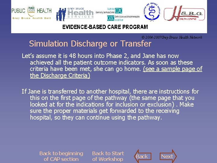 © 2004 -2007 Grey Bruce Health Network Simulation Discharge or Transfer Let’s assume it