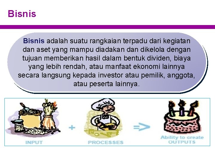 Bisnis adalah suatu rangkaian terpadu dari kegiatan dan aset yang mampu diadakan dikelola dengan