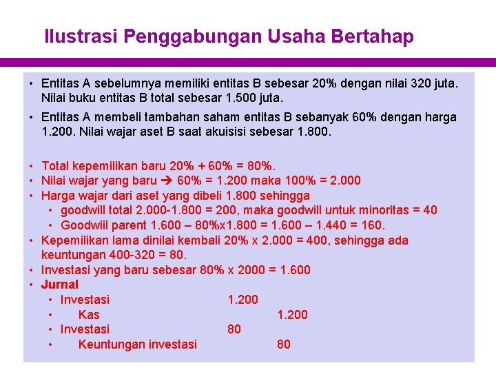 Ilustrasi Penggabungan Usaha Bertahap • Entitas A sebelumnya memiliki entitas B sebesar 20% dengan