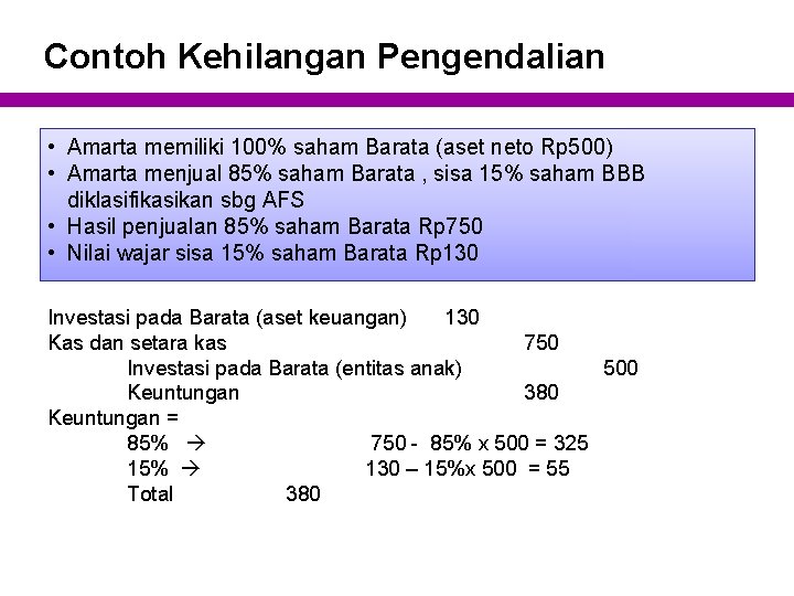 Contoh Kehilangan Pengendalian • Amarta memiliki 100% saham Barata (aset neto Rp 500) •