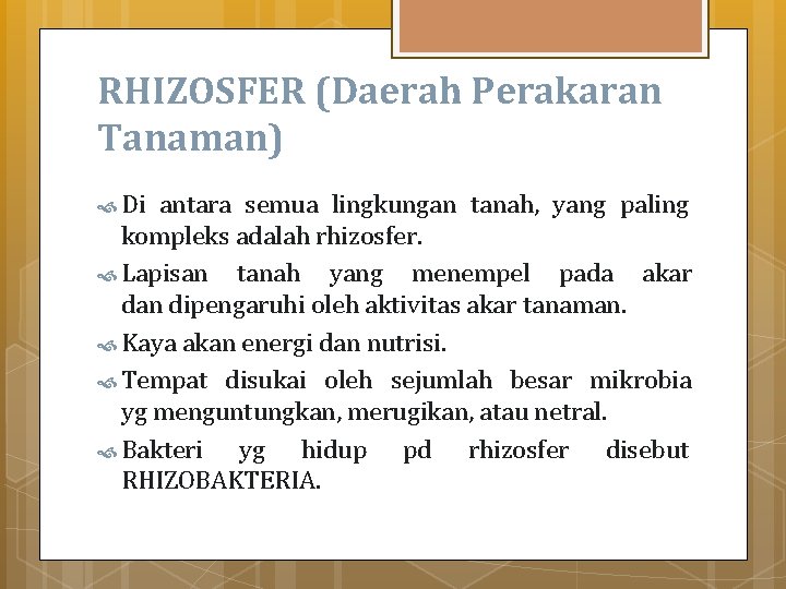 RHIZOSFER (Daerah Perakaran Tanaman) Di antara semua lingkungan tanah, yang paling kompleks adalah rhizosfer.