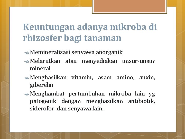 Keuntungan adanya mikroba di rhizosfer bagi tanaman Memineralisasi senyawa anorganik Melarutkan atau menyediakan unsur-unsur