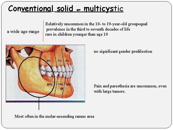 Conventional solid a wide age range or multicystic Relatively uncommon in the 10 -