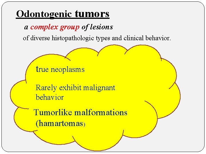 Odontogenic tumors a complex group of lesions of diverse histopathologic types and clinical behavior.