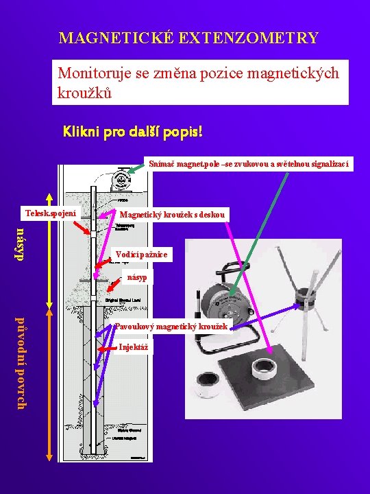 MAGNETICKÉ EXTENZOMETRY Monitoruje se změna pozice magnetických kroužků Klikni pro další popis! Snímač magnet.