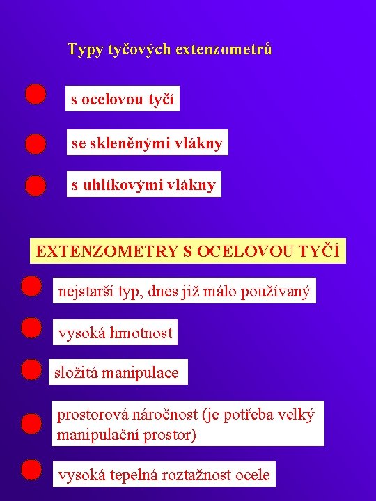 Typy tyčových extenzometrů s ocelovou tyčí se skleněnými vlákny s uhlíkovými vlákny EXTENZOMETRY S