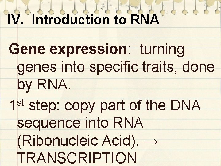 IV. Introduction to RNA Gene expression: turning genes into specific traits, done by RNA.