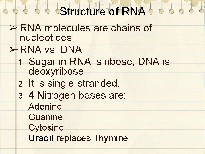 Structure of RNA ➢ RNA molecules are chains of nucleotides. ➢ RNA vs. DNA