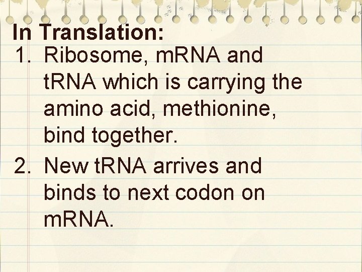 In Translation: 1. Ribosome, m. RNA and t. RNA which is carrying the amino