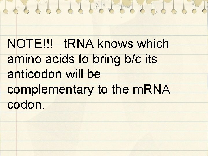 NOTE!!! t. RNA knows which amino acids to bring b/c its anticodon will be